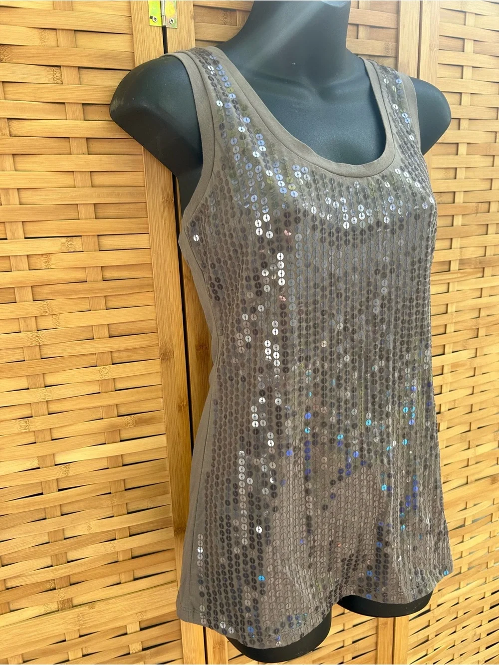 Ann Taylor Taupe Sequin Scoop Neck Tank - Picture 3 of 9
